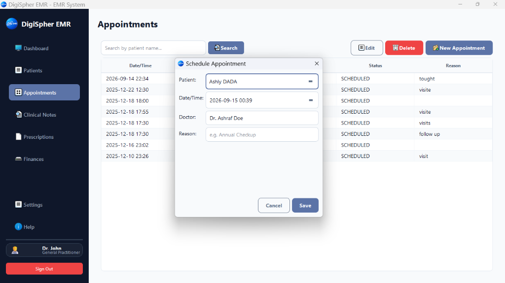 DigiSpher EMR appointment calendar