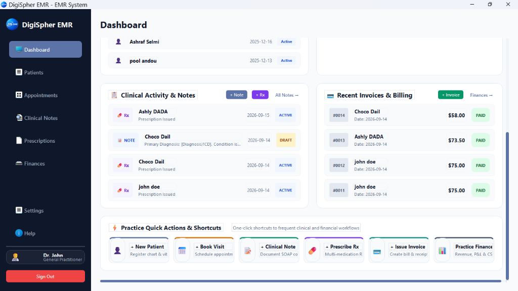 DigiSpher EMR quick actions dashboard