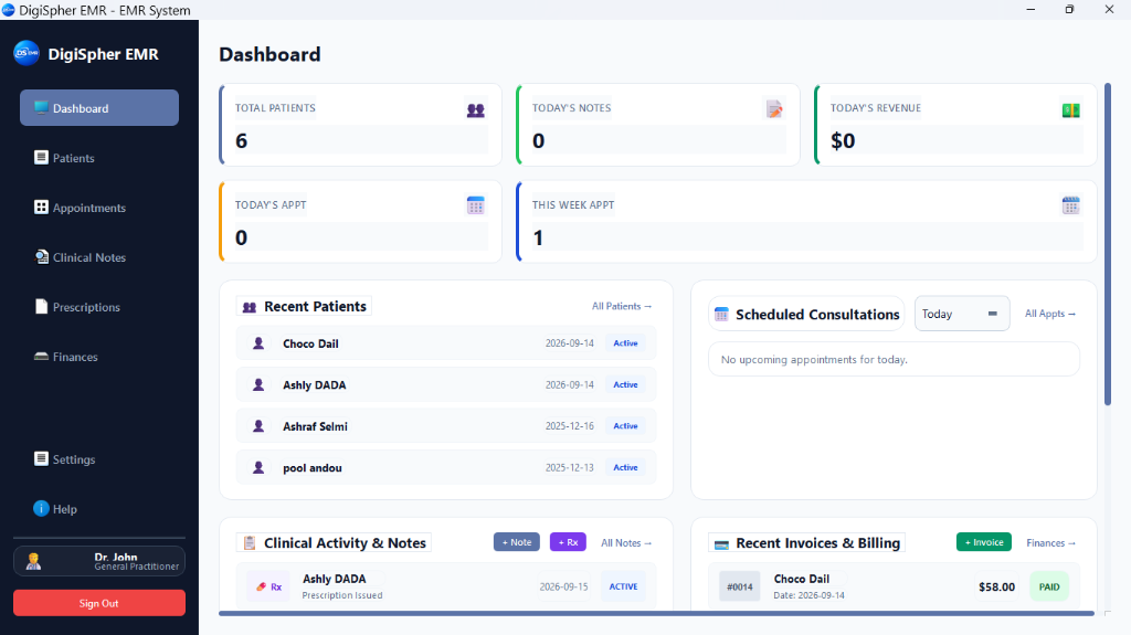 DigiSpher EMR practice dashboard